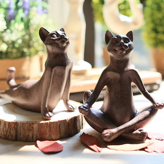 Rustic Cat Yoga Pose Statue