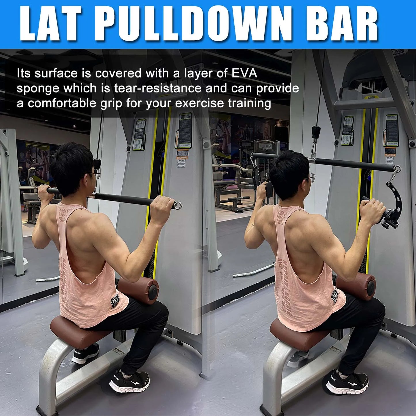 Non-Detachable LAT Pull Down Bar Cable Pulldown Attachments for Gym Straight Bar Resistance Band Bar for Weightlifting Workout